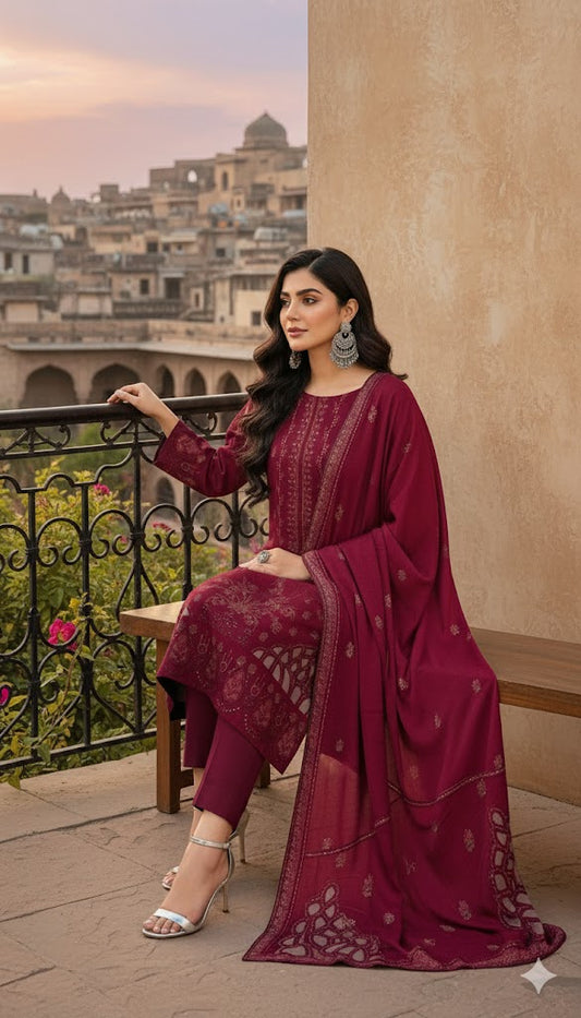 Bareeze 3pc Dhanak Unstitched With Ready To Wear Shawl 215 Mehroon