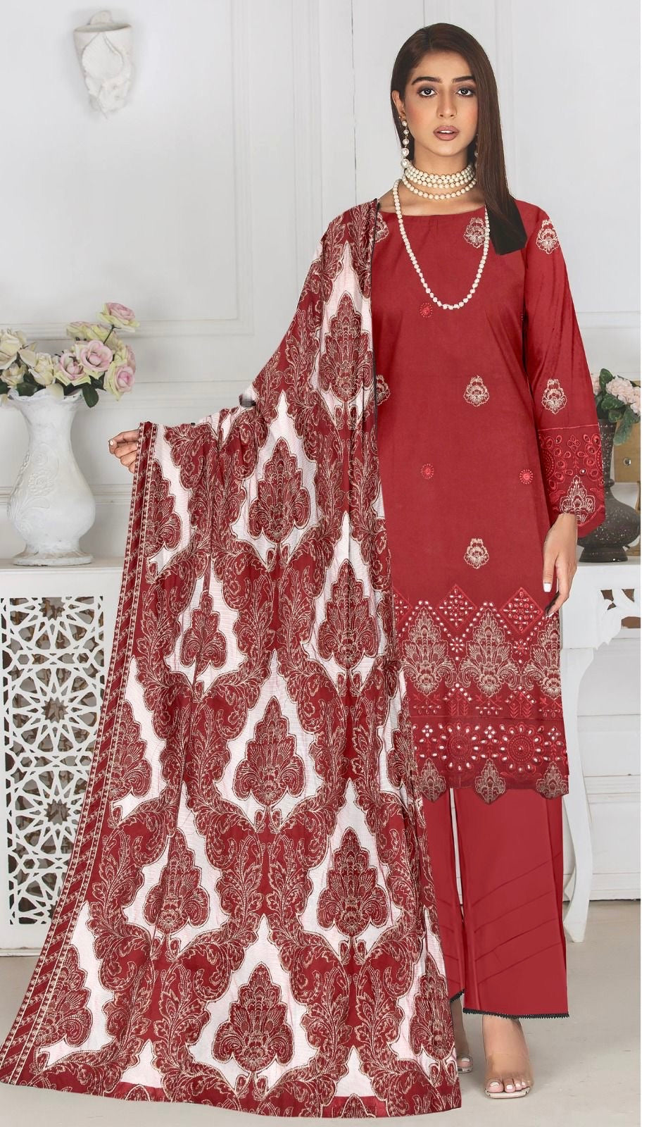 Reddish Mehroon Unstitched Luxury Dhanak Heavy Embroidered 3pc 508
