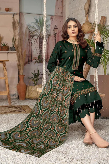 Bareeze GREEN  Unstitched Luxury Dhanak Heavy Embroidered 3PC Suit With Laser Cut Shawl