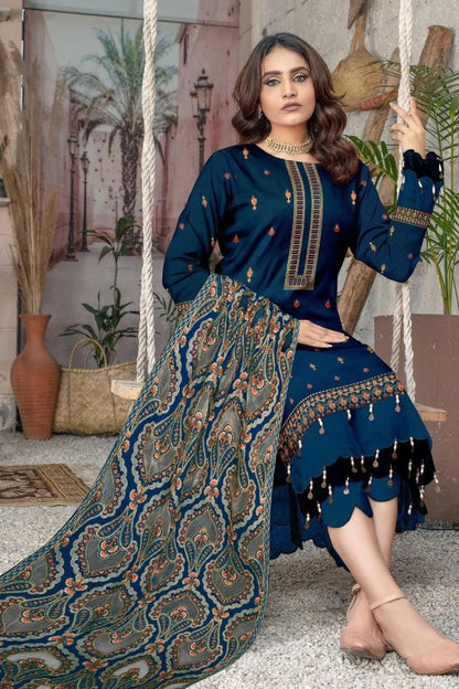 Bareeze BLUE Unstitched Luxury Dhanak Heavy Embroidered 3PC Suit With Laser Cut Shawl