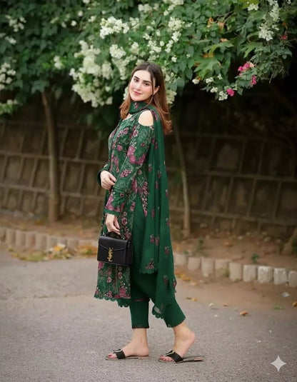3pc Unstitched Bareeze Dhanak Embroidered Green Dress 762