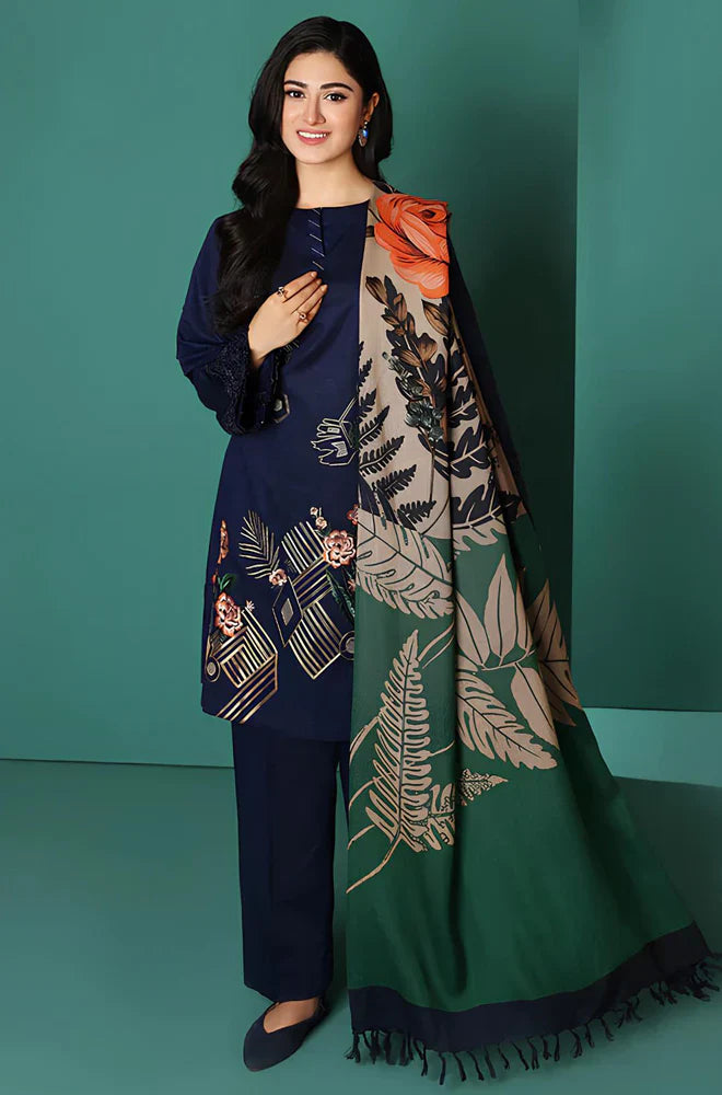 Nishat Blue Dhanak Embroidered three piece With Printed Wool Shawll