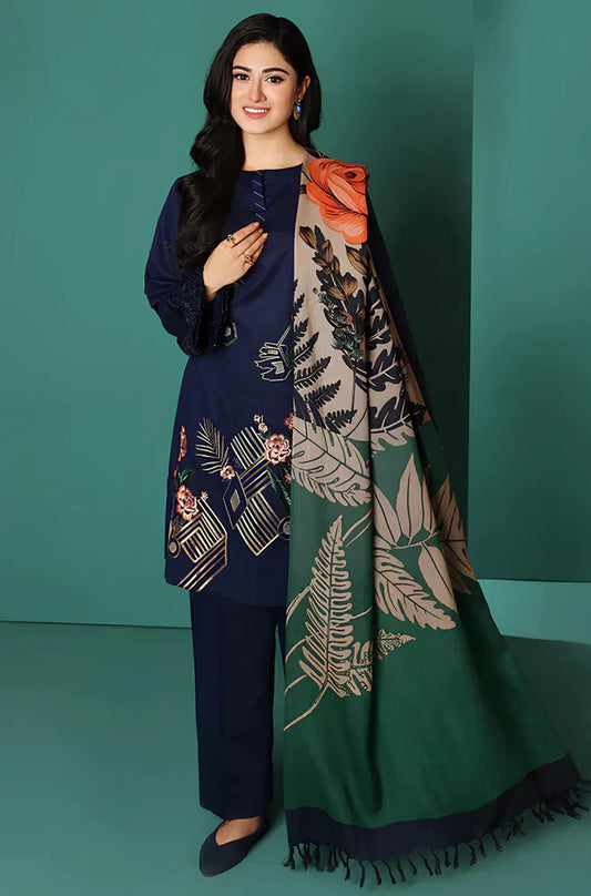 Nishat Blue Dhanak Embroidered three piece With Printed Wool Shawll