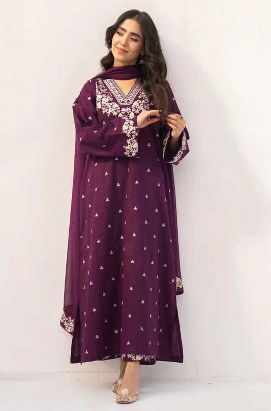 3PC Lawn Embroidered Suit with Chiffon Dupata