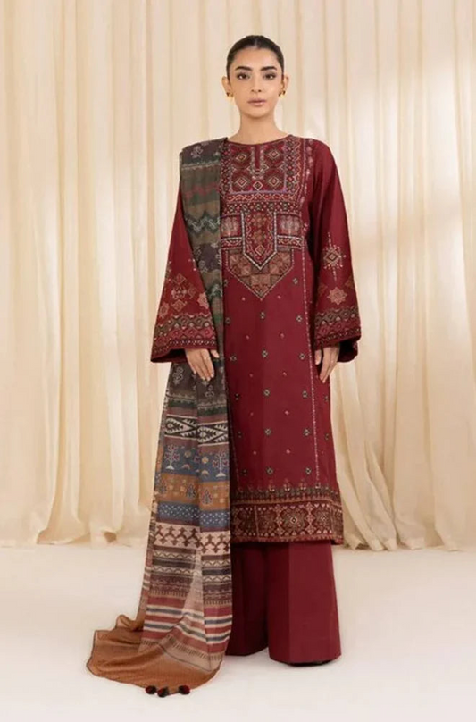 Sapphire 3PC Dhanak Embroidered Suit with Printed Shawl