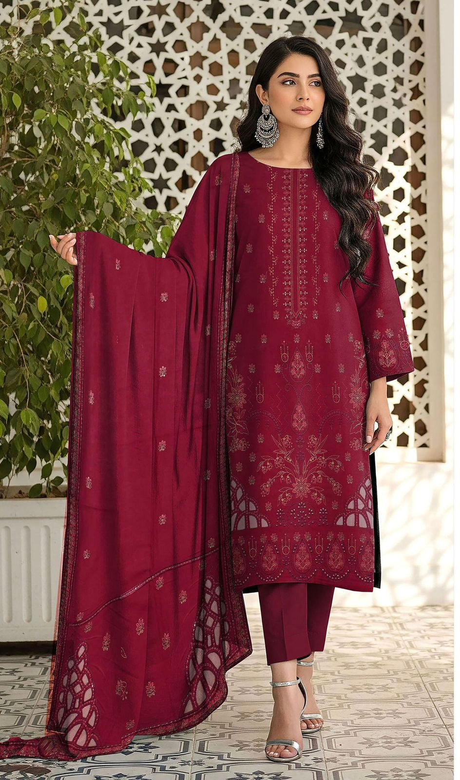 Bareeze 3pc Dhanak Unstitched With Ready To Wear Shawl 215 Mehroon