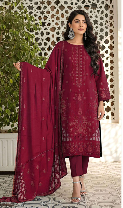 Bareeze 3pc Dhanak Unstitched With Ready To Wear Shawl 215 Mehroon
