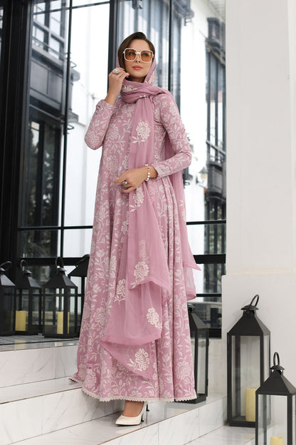 Bareeze Pink 3pc Embroidered in Lawn with Bambar Chiffon Dupata