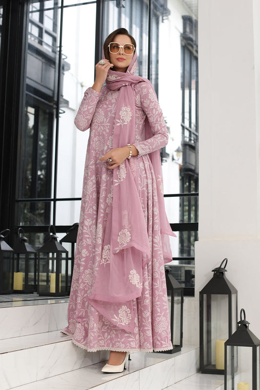 Bareeze Pink 3pc Embroidered in Lawn with Bambar Chiffon Dupata