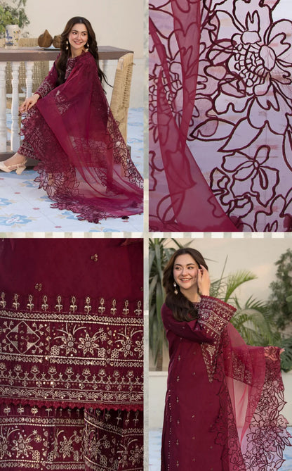 3PCs Embroidered Lawn Dress With Organza Embroidered Dupatta
