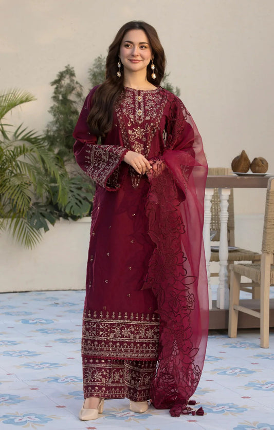 3PCs Embroidered Lawn Dress With Organza Embroidered Dupatta