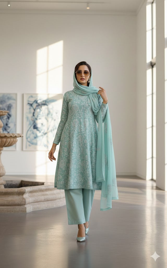 Bareeze Sky 3pc Embroidered in Lawn with Bambar Chiffon Dupata