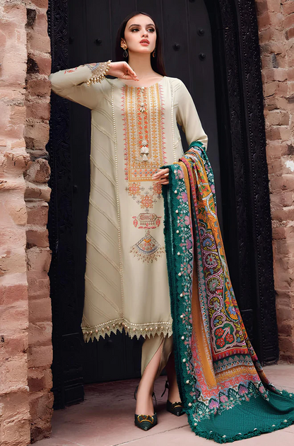 WINTER 3PC Dhannak Embroidered Suit With Printed Shawll