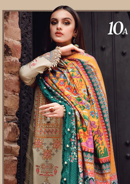 WINTER 3PC Dhannak Embroidered Suit With Printed Shawll